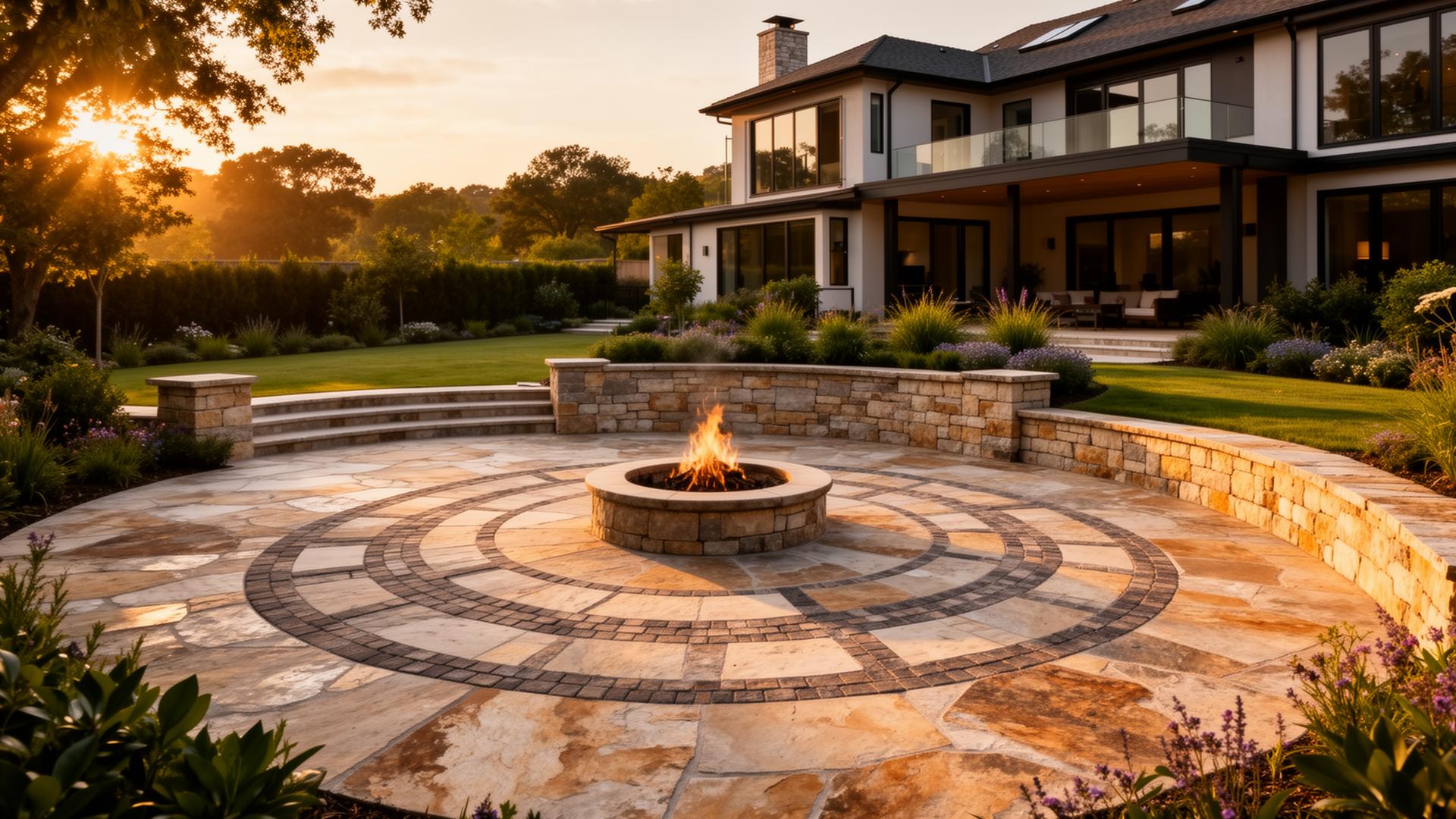 Premium stone patio with fire pit at golden hour